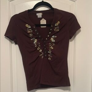 Rubber Ducky Productions Brown Embellished Fitted Tee